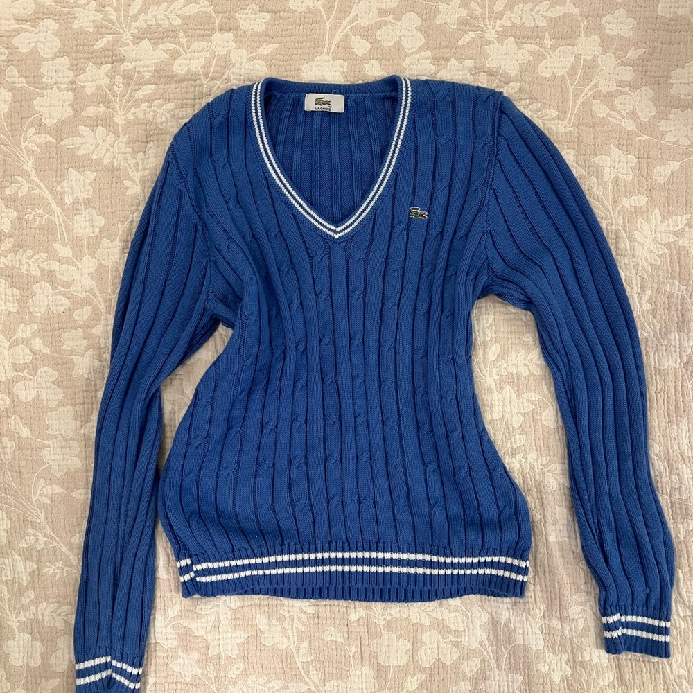 Lacoste Women's Ribbed Blue V-Neck Sweater